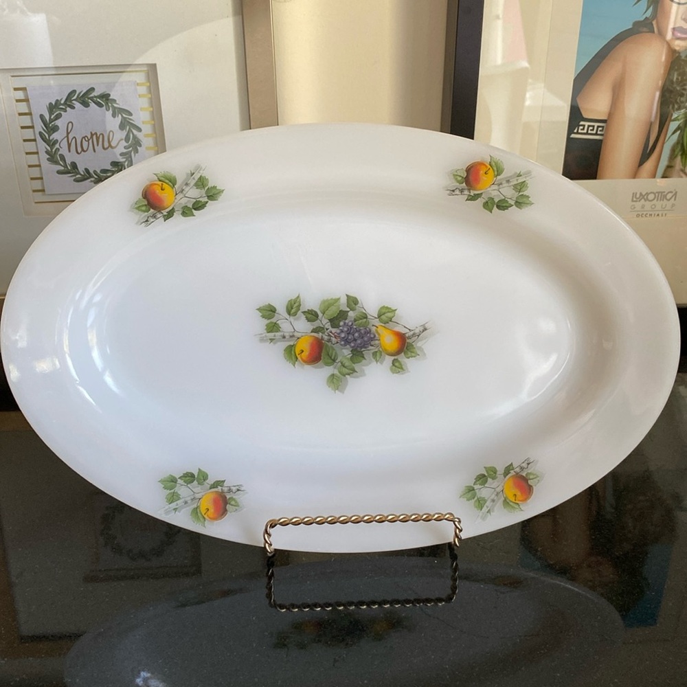 Arcopal France milk glass 1970 serving oval platter fruits decals! Size 14”x 9”
